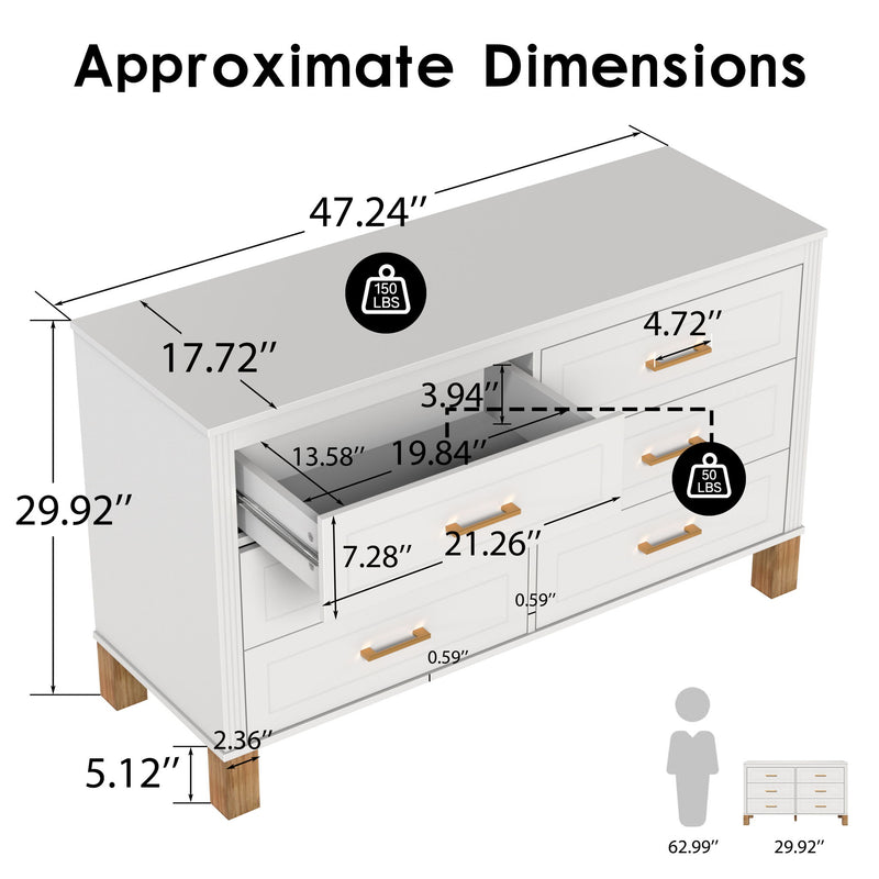 6 Drawer Double Dresser With Handles, Storage Cabinet - White