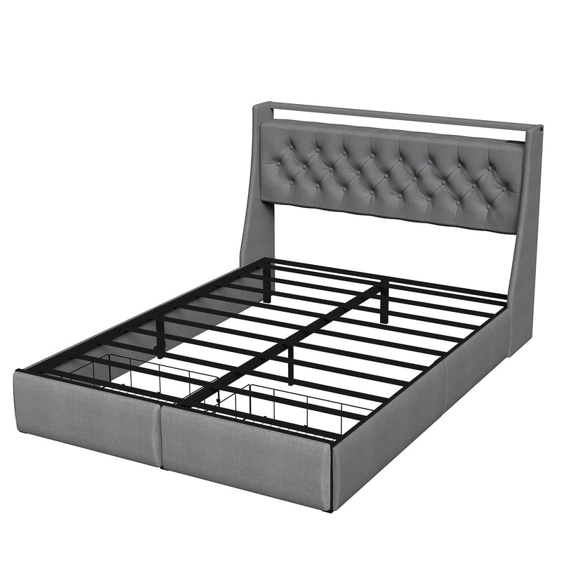 Floating Bed Frame With Rgb LED Light, 2 Storage Drawers & Headboard Shelf