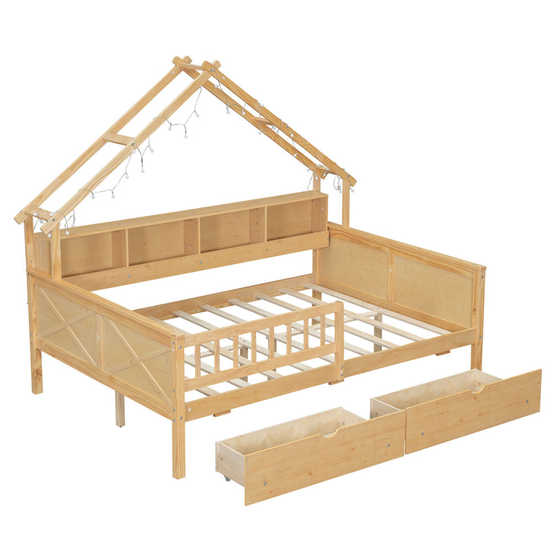 House Style Platform Bed With LED Lights, Storage Shelves, Drawers, And Guardrail