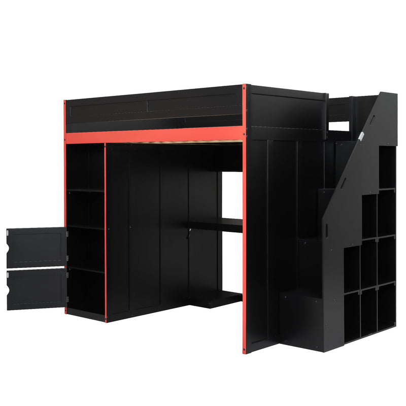 Gaming Loft Bed With Desk And Storage, LED Lights