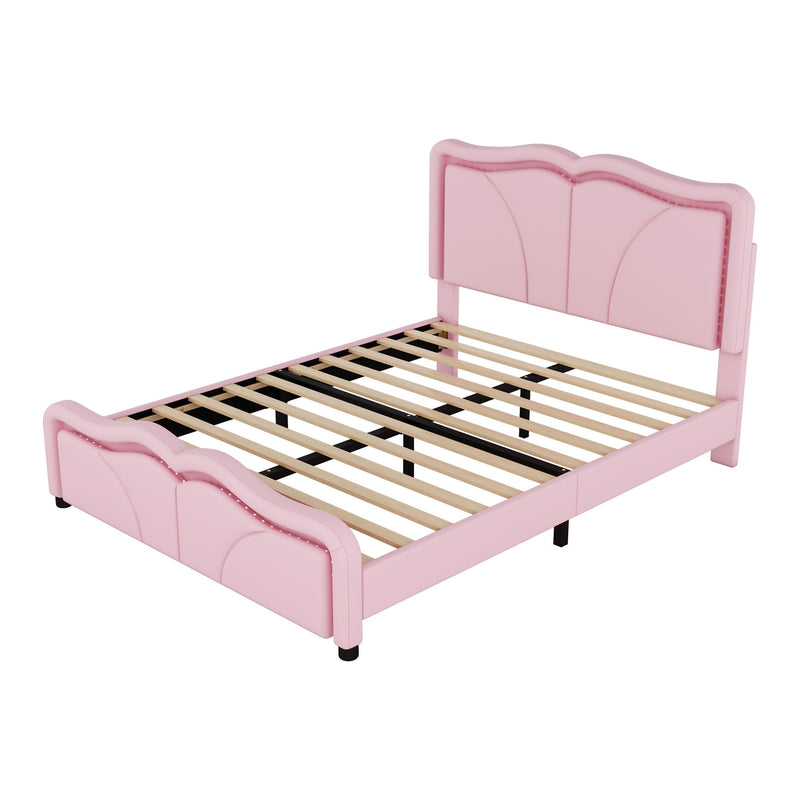 Upholstered Platform Bed & Curve Shaped And Height Adjustable Headboard, LED Light Strips