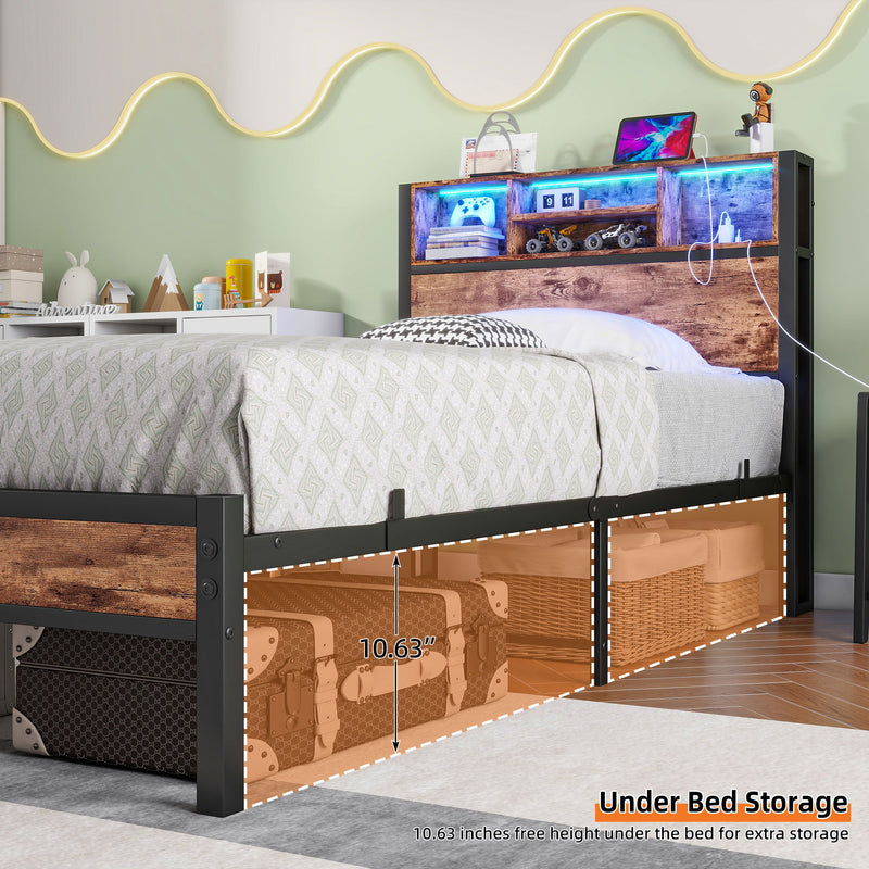 Modern Twin Size Metal Platform Bed Frame With Storage Headboard And Charging Station - Brown